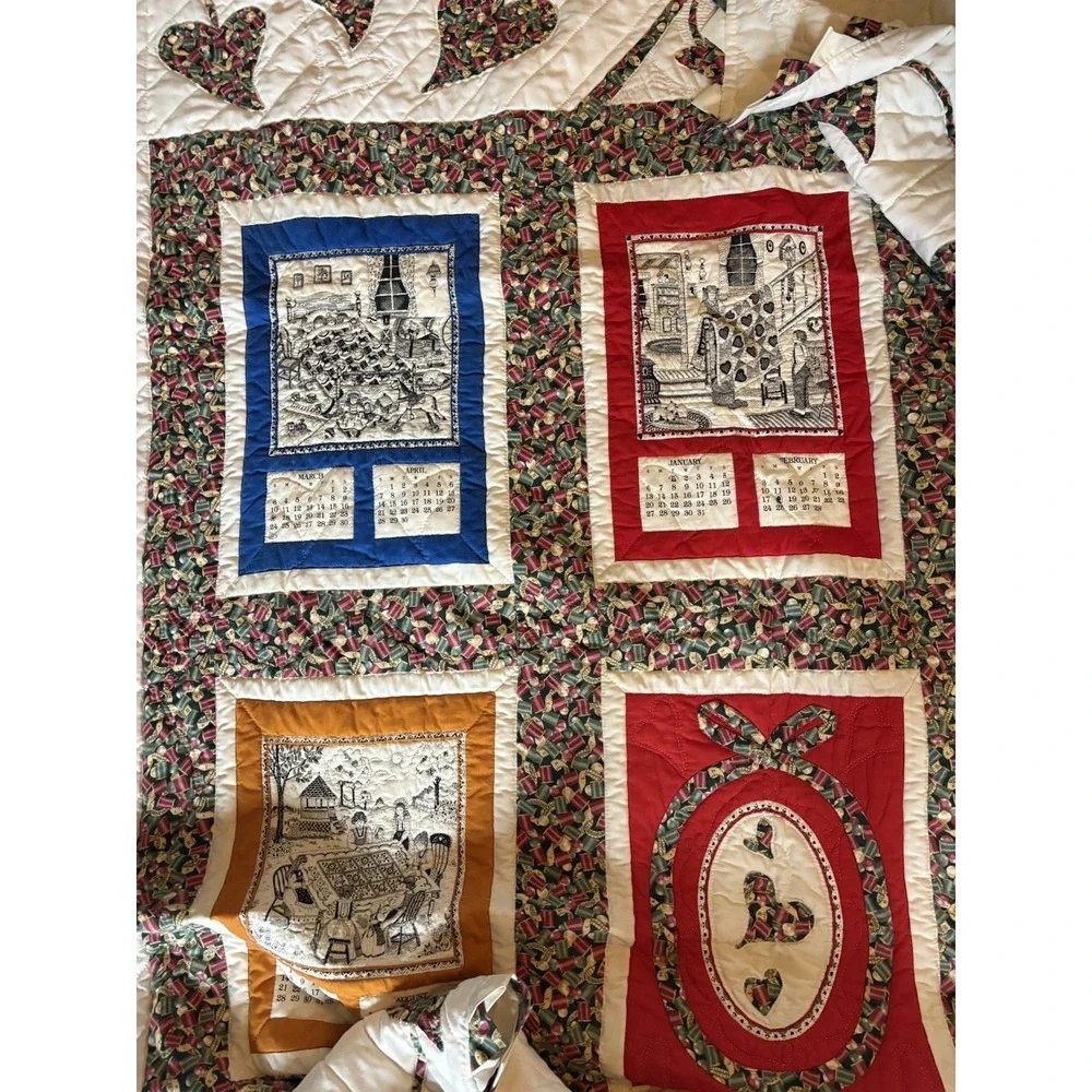 Handmade Embroidery Monthly Calendar Patchwork Quilt Wall Hanging Art 98x83